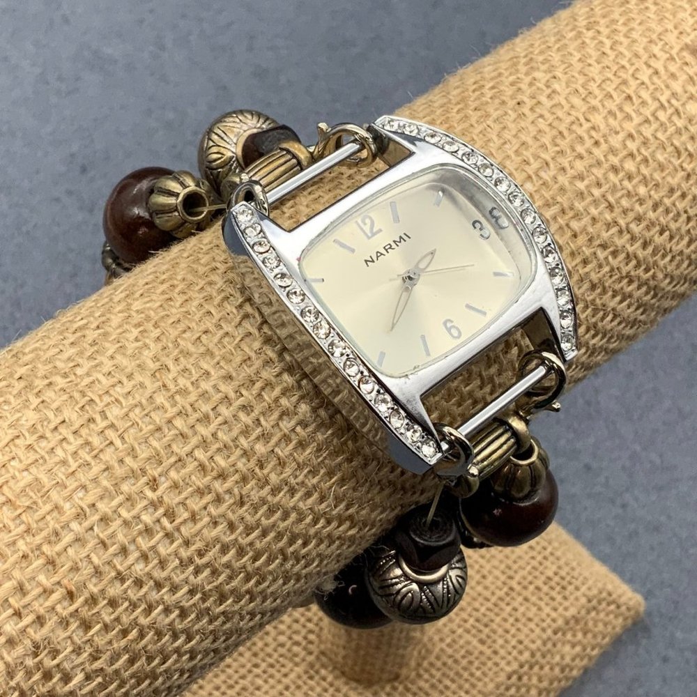 Narmi Silver Wooden Watch Ladies Rhinestone Double Clip Strap Beaded